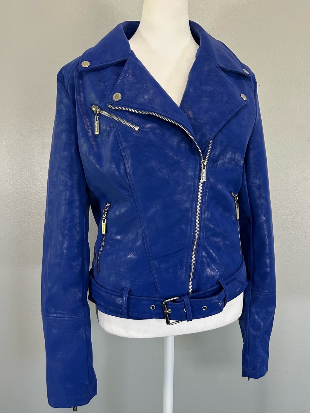 Women’s Blue Moto Biker Faux Suede Leather Jacket w Belt Faux Fur lining